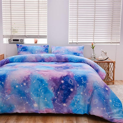 Holawakaka Tie Dye Constellation Print Ombre Comforter Set Queen Size Boys Girls Gradient Galaxy Bedding Set (Blue Purple, Queen)