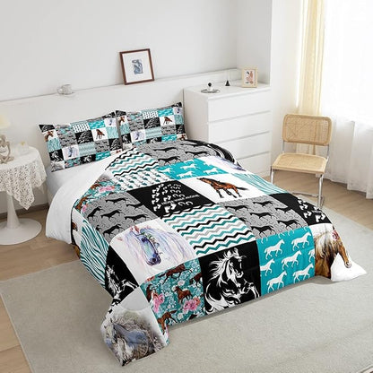 Horse Bedding,Western Farmhouse Horse Comforter Set For Girls Full Bed,Boho Arrow Teal Zebra Stripe Comforter For Kids Boys Women,Rose Flower Rustic Cowboy Quilt Duvet sets 2 Pillowcases Black White