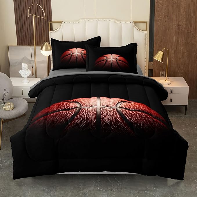 Teenage Boy Bedding Sets Full Size 5 Pieces Basketball Comforter Set for Boys Bed in a Bag Set, Basketball Bedding Full, Red Black