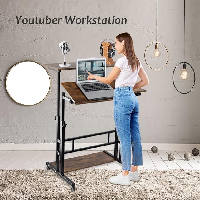 Hadulcet Mobile Standing Desk, Rolling Table Adjustable Computer Desk, Stand Up Laptop Desk Mobile Workstation for Home Office Classroom with Wheels, 31.49 x 23.6 in Rustic Brown