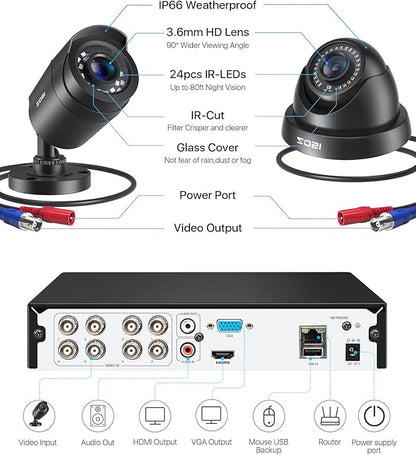 ZOSI 3K Lite 8CH Home Security Camera System Outdoor,8Channel H.265+ CCTV DVR,8pcs 1080p Weatherproof Surveillance Bullet Dome Cameras,Night Vision,AI Human/Vehicle Detection,Remote Access(No HDD)
