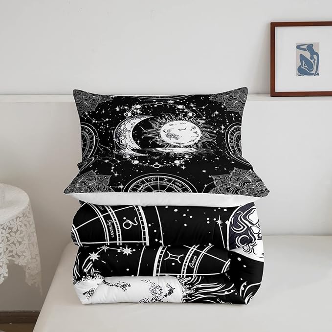 Sun and Moon Bedding Set Constellation Galaxy Comforter for Kids Boys Girls Teens Psychedelic Boho Mandala Comforter Breathable Celestial Duvet Set Black White Room Decor Quilt Cover Twin Size