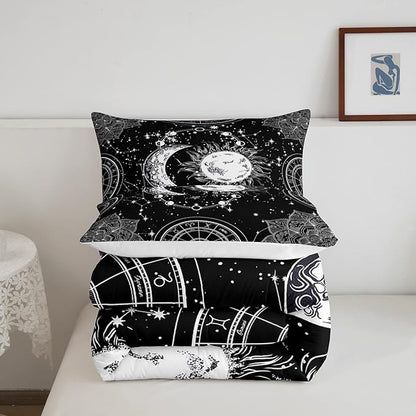 Sun and Moon Bedding Set Constellation Galaxy Comforter for Kids Boys Girls Teens Psychedelic Boho Mandala Comforter Breathable Celestial Duvet Set Black White Room Decor Quilt Cover Twin Size