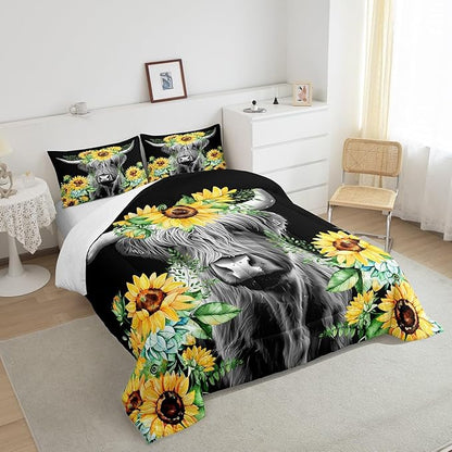 Highland Cow Bedding Set Kids Sunflower Floral Western Cow Bull Comforter Set for Girls Teens Farmhouse Wildlife Animal Comforter Black Duvet Set Room Decor Quilt Set Twin Size