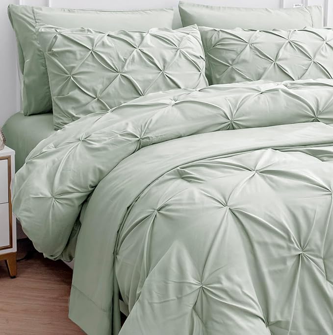 LANE LINEN Bed in a Bag Set for Split King Mattress, Soft 8 Piece Split King Bedding Set with 1 King Comforter, 1 King Size Flat Sheet, 2 Twin XL Fitted Sheets, 2 Pillowcases & 2 Shams - Mineral