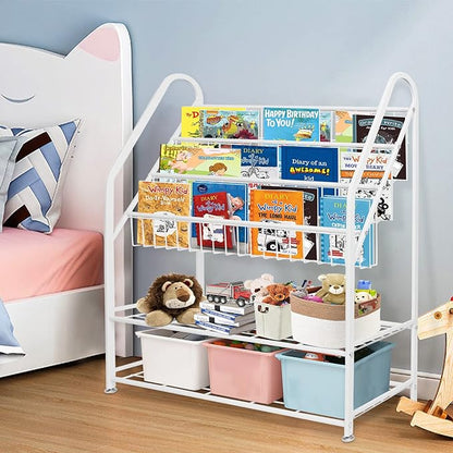 aboxoo Metal Kids Bookshelf Freestanding Bookcase for Children Room 32 in Large Toy Organizer Modern MinimalistWhite Stable Metel Bookstore Bedroom, Living, Library Book Unit Storage