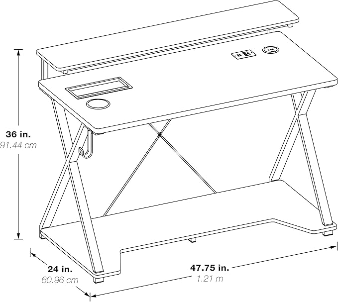 OSP Home Furnishings Checkpoint Ghost Battlestation Gaming Desk with RGB LED Lights, Black