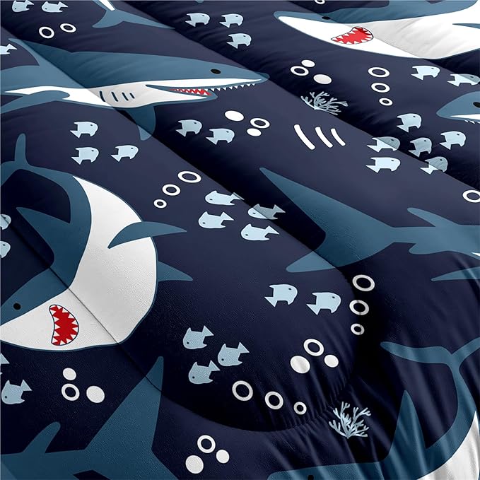 Shark Comforter Set for Bedroom - 3Pcs Boys Shark Bedding Set for Bedroom Cute Cartoon Shark Comforter Set for Kids Sea Animals Theme Boys Room Decor with 1 Comforter + 2 Pillowcases, Queen Size