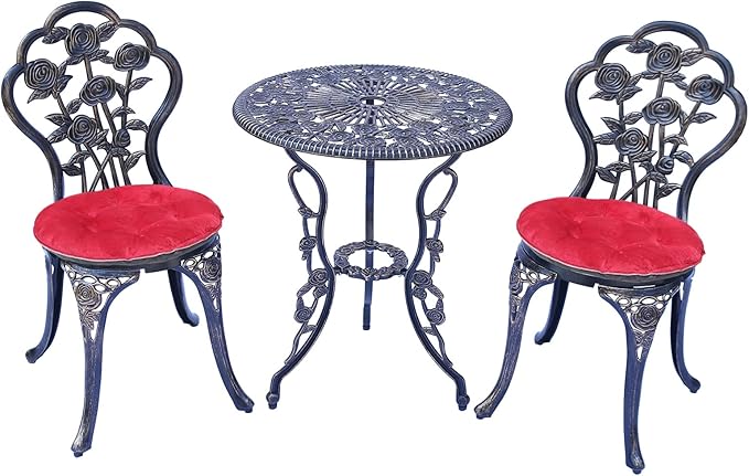 Mandolin Patio Table and Chairs,5 Piece Outdoor Dining Set,Rust-Resistant Cast Aluminum Bistro Set with Cushion.Rose Design (Copper)