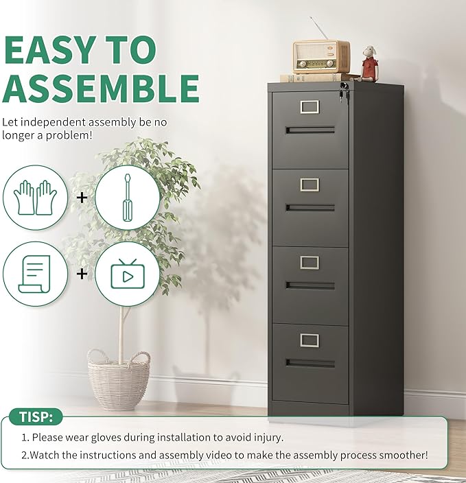 4 Drawer File Cabinet,Metal Filing Cabinets with Lock,Black Vertical File Cabinet for Home Office,Heavy Duty Metal Storage Cabinet for A4/Letter/Legal Size File,Assembly Required