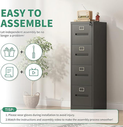 4 Drawer File Cabinet,Metal Filing Cabinets with Lock,Black Vertical File Cabinet for Home Office,Heavy Duty Metal Storage Cabinet for A4/Letter/Legal Size File,Assembly Required