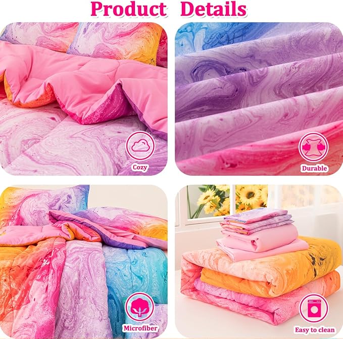 Girls Twin Bedding Sets, 6 Pcs Pink Twin Szie Comforter Set with Sheets, Watercolor Marble Abstract Art Superior Bedding Set for Girls Kids
