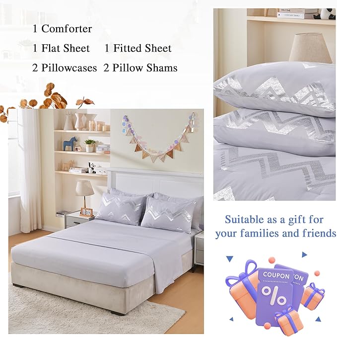Wowelife 7 Pieces Silver Grey Comforter Set Queen Size Glitter Foil Gray Bedding Set Full Kids Bedroom Comforter Sets with Comforter, Flat Sheet, Fitted Sheet, 2 Pillowcases and 2 Pillow Shams