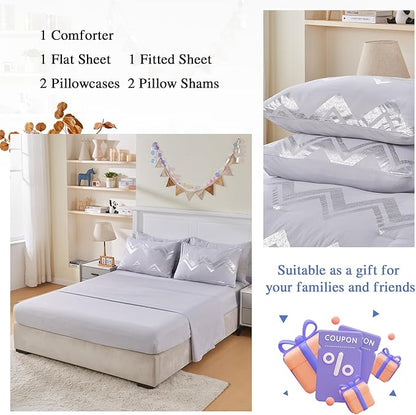 Wowelife Gray Comforter King Size 7 Pieces Silver Glitter Kids Bedding Set Bed in a Bag for Girls with Comforter, Flat Sheet, Fitted Sheet and 2 Pillowcases
