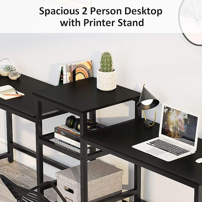 Tribesigns 96.9" Double Computer Desk with Printer Shelf, Extra Long Two Person Desk Workstation with Storage Shelves, Large Office Desk Study Writing Table for Home Office (Black)