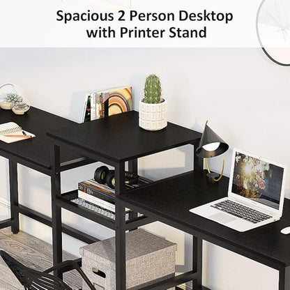 Tribesigns 96.9" Double Computer Desk with Printer Shelf, Extra Long Two Person Desk Workstation with Storage Shelves, Large Office Desk Study Writing Table for Home Office (Black)
