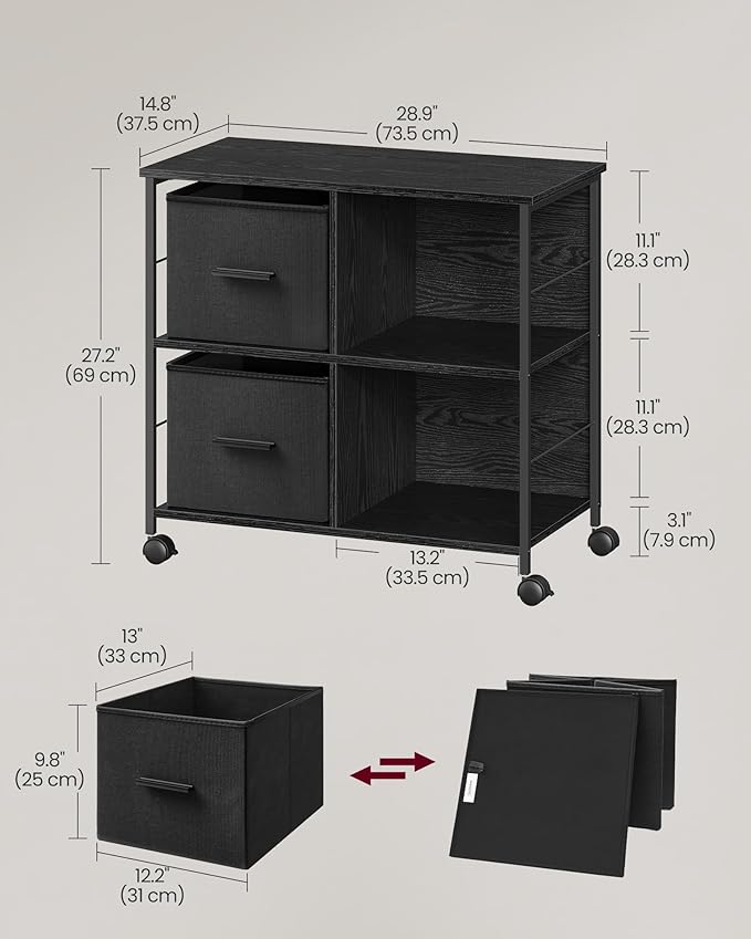 VASAGLE File Cabinet with 2 Drawers, Bookcase, Cube Storage Shelf, Printer Stand, for A4, Letter-Size Files, Hanging File Folders, Home Office, Ebony Black UOFC057B56