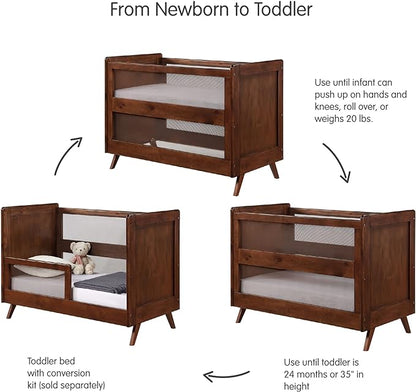BreathableBaby Breathable Mesh 3-in-1 Convertible Crib (Toddler Bed Kit Sold Separately) — Walnut — Two Adjustable Mattress Heights — Greenguard Gold Certified
