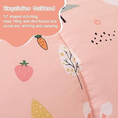 Pink Bunny Kids Comforter Set for Girls Full Size, Cute Reversible Quilted Printed Woodland Bedding Set with Pillow Sham, Lightweight Soft Breathable Machine Washable Bed Set 3 Piece