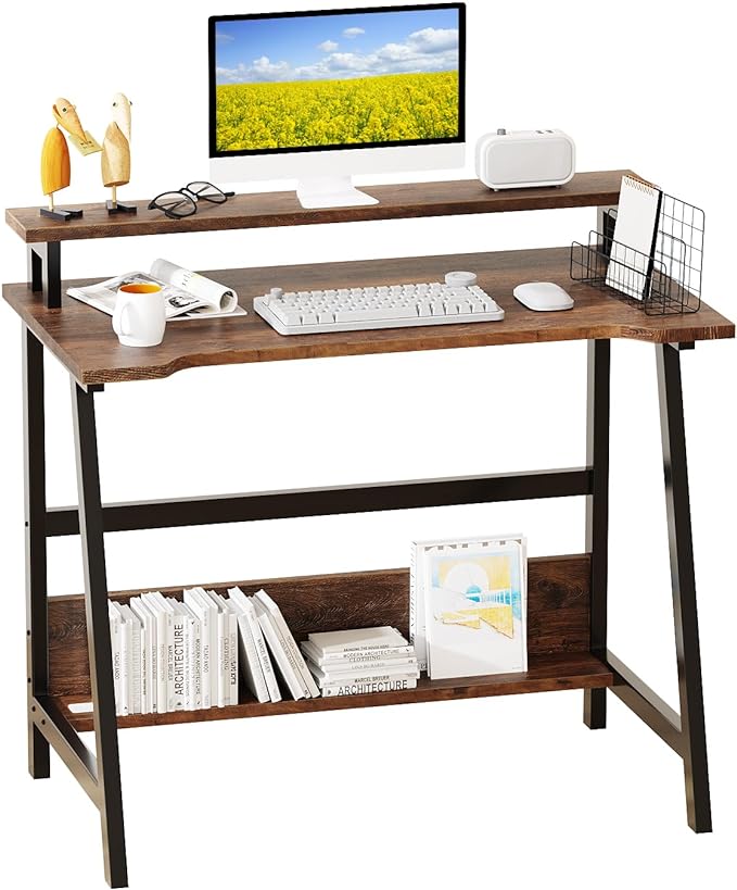 Computer Home Office Desk, 31.5" Desk for Small Spaces with Storage Shelf,Small Computer Desk with Monitor and Bookshelf, Modern Simple Style Laptop Desk