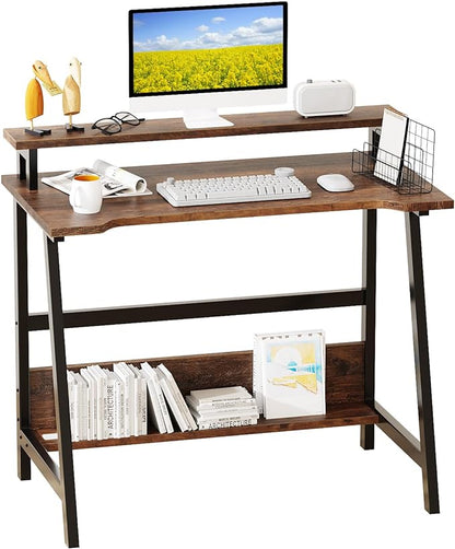 Computer Home Office Desk, 31.5" Desk for Small Spaces with Storage Shelf,Small Computer Desk with Monitor and Bookshelf, Modern Simple Style Laptop Desk