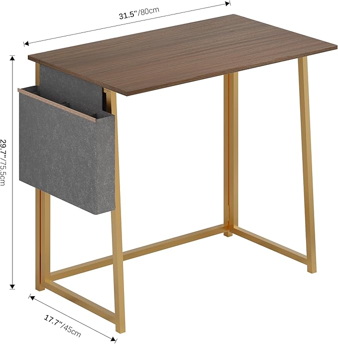 4NM 31.5" Small Desk with Storage Bag, Simple Assembly Folding Computer Desk Home Office Desk Study Writing Table for Small Space Offices - Brown and Golden