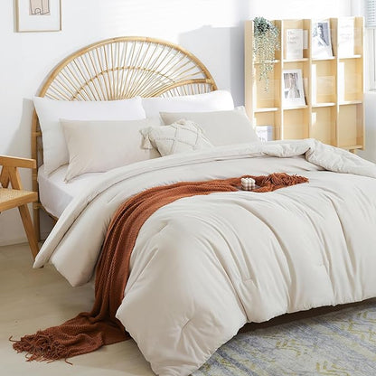 Beige Comforter Queen Size 3PCS Bed Comforter with 2 Pillowcases - Ligtweight Soft Solid All Season Queen Comforter Bed Set - Boho Aesthetic Bedding Set for Men and Women