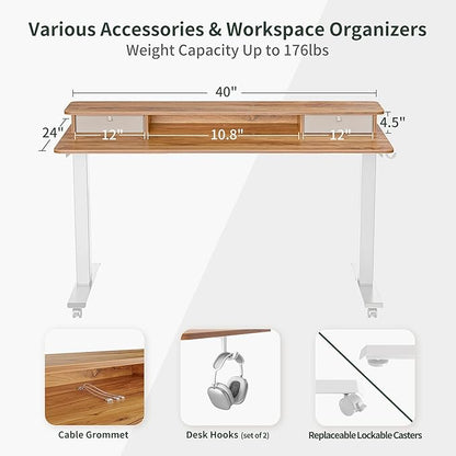 FEZIBO 40 x 24 Inch Height Adjustable Electric Standing Desk with Double Drawer, Stand Up Desk with Storage Shelf, Sit Stand Desk, Light Rustic
