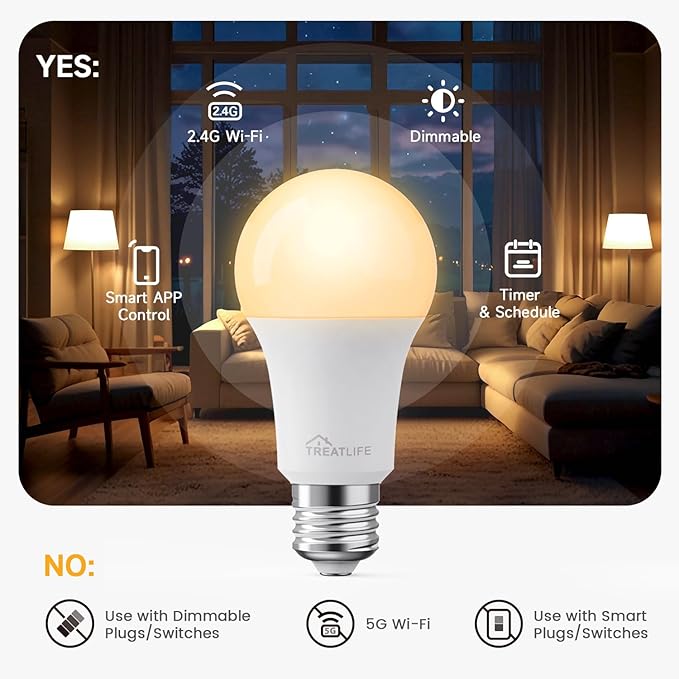 TREATLIFE Smart Light Bulbs 4Pack, 2500K-6500K Tunable White Dimmable LED Light Bulb Compatible with Alexa and Google Home, 2.4GHz WiFi Smart Bulb, 800LM, E26 A19 9W, No Hub Required
