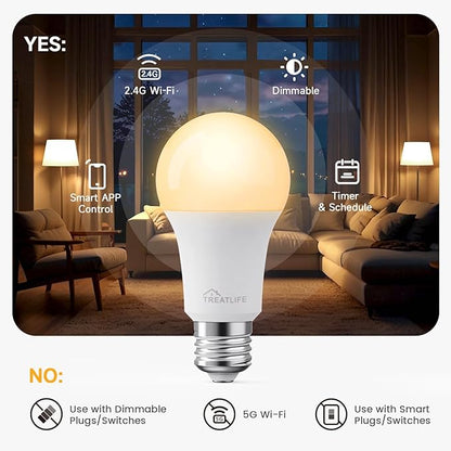 TREATLIFE Smart Light Bulbs 4Pack, 2500K-6500K Tunable White Dimmable LED Light Bulb Compatible with Alexa and Google Home, 2.4GHz WiFi Smart Bulb, 800LM, E26 A19 9W, No Hub Required