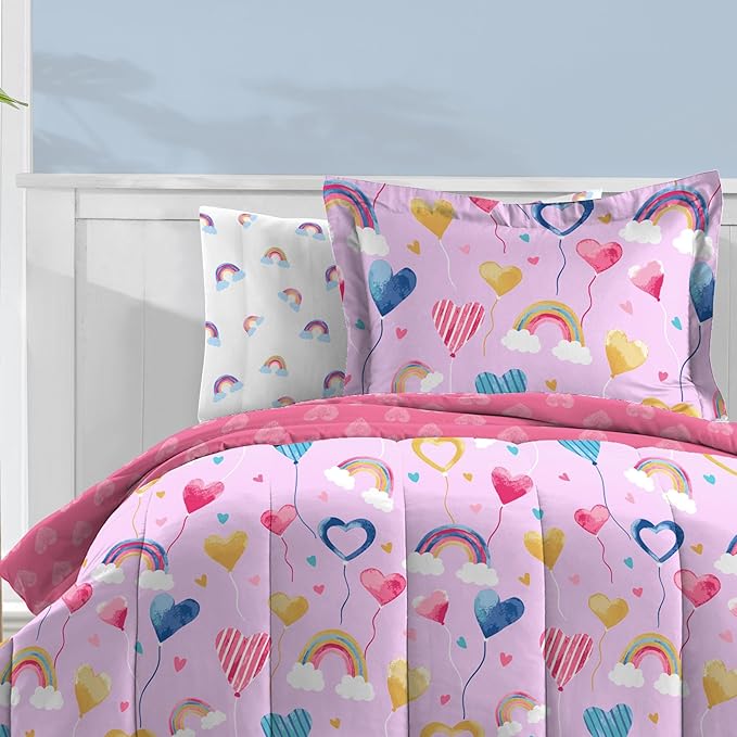 Dream Factory Kids 5-Piece Complete Bed Set Easy-Wash Super Soft Microfiber Comforter Bedding, Twin, Lilac Balloon Hearts