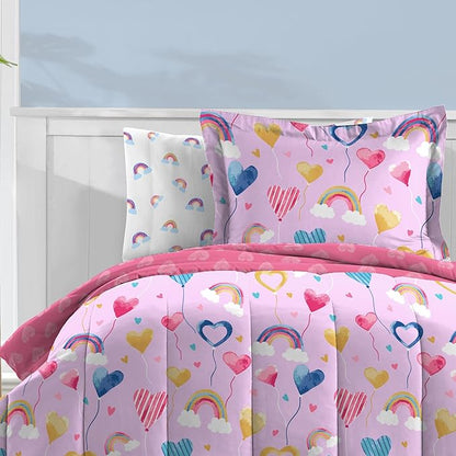 Dream Factory Kids 5-Piece Complete Bed Set Easy-Wash Super Soft Microfiber Comforter Bedding, Twin, Lilac Balloon Hearts