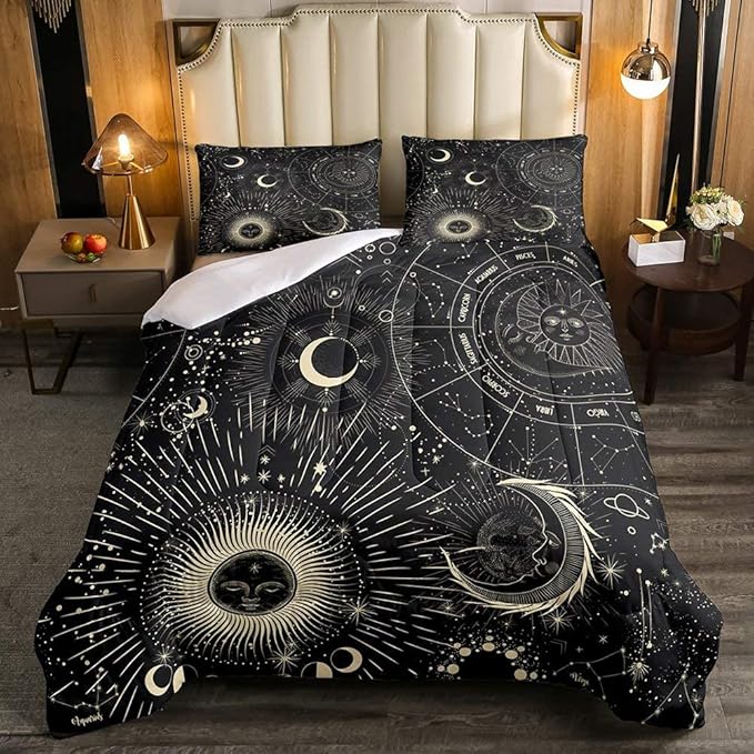 Erosebridal Bohemian Sun Moon Comforter Set Queen Size, Constellation Down Comforter, Starry Sky Quilted Duvet, Exotic Style Black Room Decor Duvet Insert,Super Soft Breathable