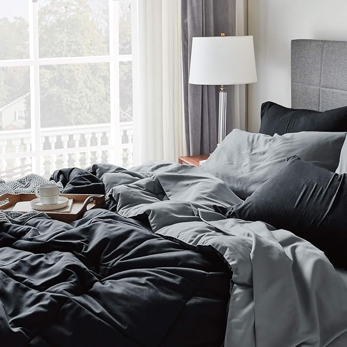 Bedsure Black Comforter Set King - 7 Pieces Reversible Black Bed Set King, Black Bedding Set King with Comforters, Sheets, Pillowcases & Shams, King Size Black Bed in a Bag