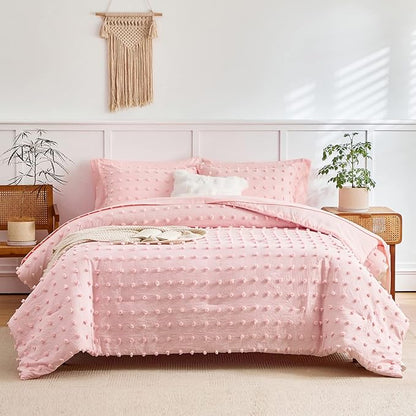 7 Pieces Tufted Dots Bed in a Bag King Comforter Set with Sheets Pink , Soft and Embroidery Shabby Chic Boho Comforters, Solid Color with Pom Pom Design, Jacquard Tufts Bedding Set for All Season