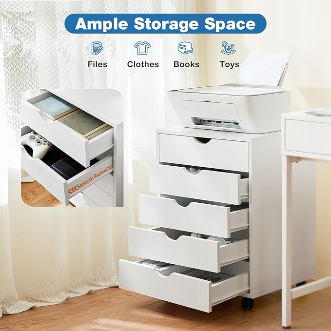OLIXIS Chest Wood File Cabinet Rolling Organization Storage Dresser with Wheels for Home Office