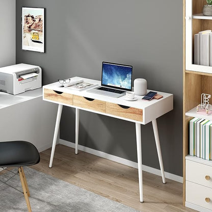 DlandHome Computer Desk with Drawers Mid Century Modern Desk 43 Inches Vanity Desk with 3-Drawers, Office Desk with Drawers Writing Desk Study Table Makeup Tables, Bedroom Dresser Table