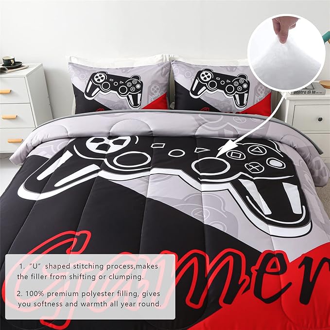 KAKKI 5 Piece Boys Full Gamer Comforter Set with Sheets, 3D Colorful Video Game Controller Comforter for Kids Teen, All Season Soft Microfiber Gaming Bedding Set(Red,Full)