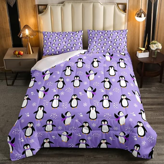 Penguin Comforter Set King Size Kawaii Penguin Down Comforter Antarctic Animal Bedding Set for Kids Boys Girls Teens Cartoon Cute Winter Quilt Set Snowflake Pattern Duvet Set Room Decor, Purple