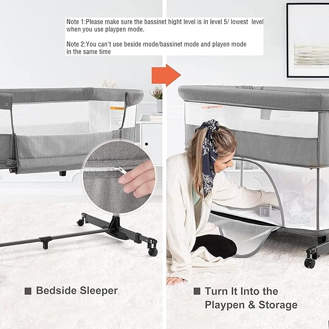 Bedside Crib,3 in 1 Baby Crib Adjustable Portable Bed for Infant,Baby Bassinet with Mosquito net Baby Newborn Must Have Bed,Grey