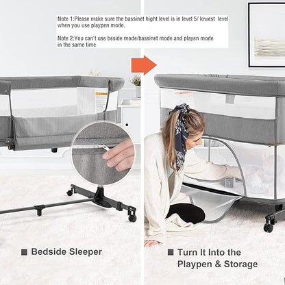 Bedside Crib,3 in 1 Baby Crib Adjustable Portable Bed for Infant,Baby Bassinet with Mosquito net Baby Newborn Must Have Bed,Grey