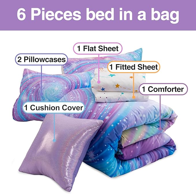 Btargot Super Soft 6 Pieces Gradient Star Ring Comforter Set, Colorful Glitter Rainbow Star Pattern Bedding Set for Boys Girls Teens, Full Purple
