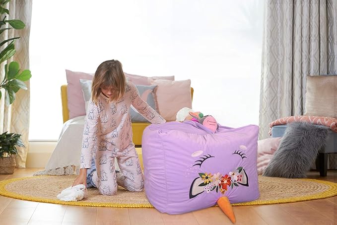 Aubliss Unicorn Stuffed Animal Storage Bean Bag Chair for Kids, Velvet Extra Soft Beanbag Chairs Cover, X-Large Stuffable Zipper Bean Bag for Organizing Plush Toys Girls Bedroom Decor, Purple Floral