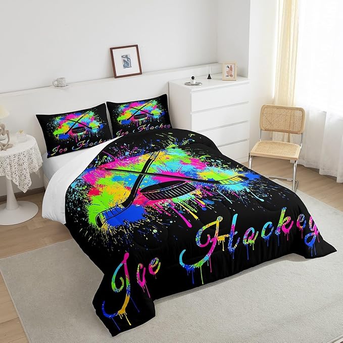 Kids Ice Hockey Comforter Set Full Size Gaming Sports Bedding Set for Boys Girls Teens Bedroom Decor Ice Sports Games Tie Dye Comforter Hockey Player Duvet Set with 2 Pillow Case