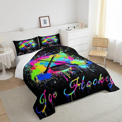 Kids Ice Hockey Comforter Set Full Size Gaming Sports Bedding Set for Boys Girls Teens Bedroom Decor Ice Sports Games Tie Dye Comforter Hockey Player Duvet Set with 2 Pillow Case