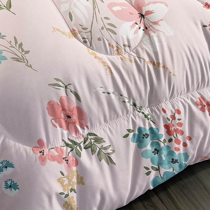 Floral Comforter Full Size,Pink Floral Kids Comforter Set,3Pcs Bedding Set Printed Comforter with 2 Pillowcases,Down Alternative,Soft and Lightweight,for All Seasons