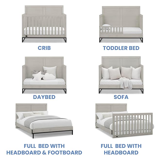 Simmons Kids Foundry 6-in-1 Convertible Baby Crib, Rustic Mist with Matte Black + Quiet Nights Breathable Crib Mattress with Removable/Machine Washable Cover (Bundle)