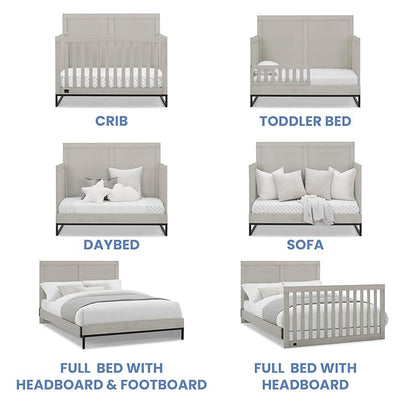 Simmons Kids Foundry 6-in-1 Convertible Baby Crib, Rustic Mist with Matte Black + Quiet Nights Breathable Crib Mattress with Removable/Machine Washable Cover (Bundle)