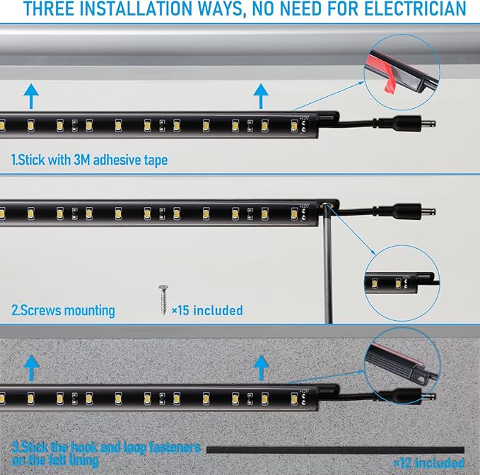 TORCHSTAR LED Safe Lighting Kit, (6) 12 Inch Linkable Light Bars + Rocker Switch + UL Power Adapter, 900LM, Input 100-240V, for Under Cabinet Gun Safe Locker Closet Showcase, 5000K Daylight