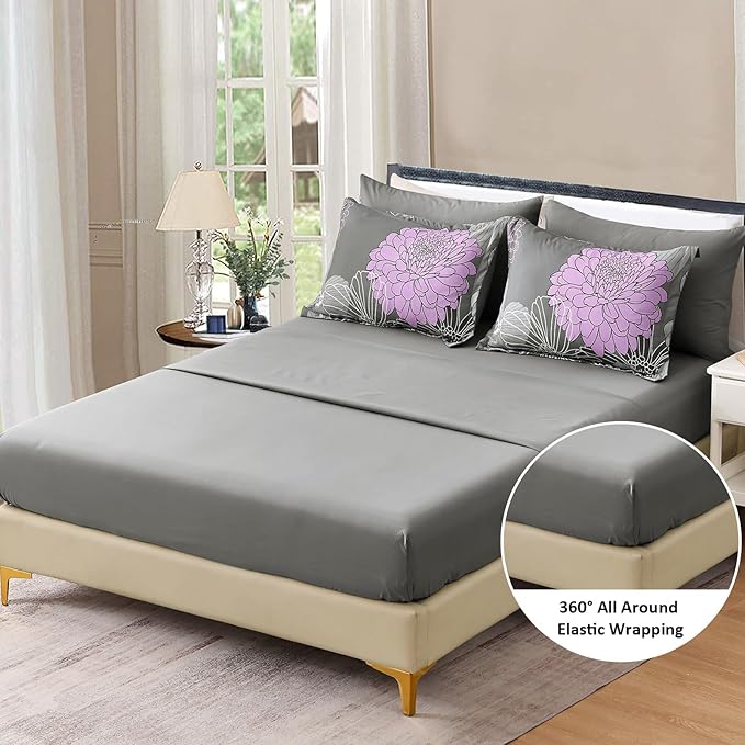 Yiran King Size Comforter Set Grey Purple Comforter Floral Bedding Comforter Set 7 Pieces Soft Microfiber Bed Set for All Seasons 103"×90"